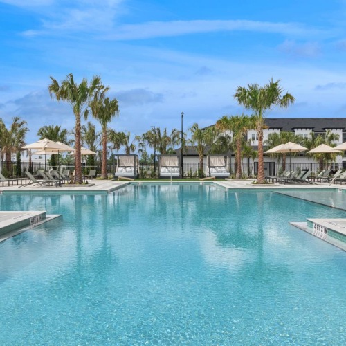 Shimmering resort-style pool a swimming pool with palm trees